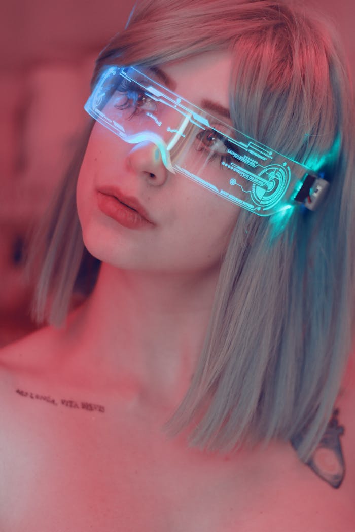 Young Woman with Tattoos Wearing Futuristic Glasses